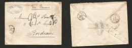 CHILE. 1877 (17 Jan) Valp - France, Bordeaux (3 March) Stampless Env Via BPO "Valparaiso / UNPAID" + Diff Charges + Via  - Cile