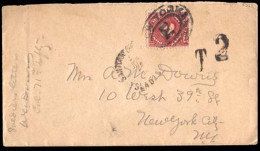 CUBA. 1898 (June 24). Santiago De Cuba To NY / USA. Stampless Envelope Taxed "2" (Spanish Mails) + US Postage Due Cts.,  - Andere & Zonder Classificatie