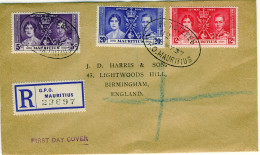 MAURITIUS  KGVI 1937 Coronation SG  249-51b With Sceptre Flaw  On Registered First Day Cover To Birmingham UK - Mauricio (...-1967)