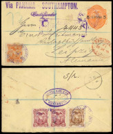 ECUADOR. 1891. Guayaquil - Germany. Registr 5c Ovptd Stat Env + 4 Adtls On Front And Reverse + Aux Marks. Via Panama. Fi - Ecuador