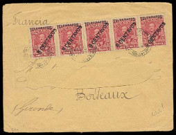 ECUADOR. 1894. Quito - France. Env Frkd Ovptd 5c Strip Of 5 TELEGRAPH Stamps. As Postal Usage (see Upper Margin Postal D - Ecuador