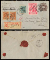 ECUADOR. 1897. Quito - France. Registered 10c Brown Stat Env + 4 Adtls / Ovptd + Reg. Label. Very Fine Scarce Multiple U - Ecuador