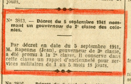 Delcampe - Jean Rapenne Décret 5 Septembre 1941 Promu Gouverneur De 2è Classe Des Colonies.Journal Officiel De L'Etat Français. - Documents