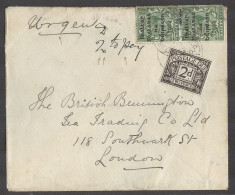 EIRE. 1922 (Oct). Fkd Env To London, UK With 1/2d Green Vert Pair Ovptd Issue Urgent Manuscript 2 To Pay GB 2d Tied Post - Gebraucht