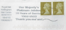 Great Britain 2022 Cover Nottingham Stamp Machin 1st Queen Elizabeth II Her Majesty's Platinum Jubilee 70 Years Service - Storia Postale