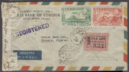 ETHIOPIA. 1949 (12 June). Addis Abeba - Cypes (20 June). Reg Air Doble Censor Multidkd Env Via Cairo. Retta Cachet On Re - Etiopía