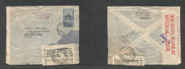 ETHIOPIA. 1943 (7 March) Addis Abeba - USA, NYC. Fkd Env 20c Rate + S. Africa Censor + Post Office Official Label Tied A - Etiopia