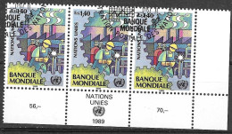 O.N.U. GINEVRA - 1989 - BANCA MONDIALE - FR. 1,40- STRISCIA DI 3 VALORI ANGOLO DI FOGLIO -USATO (YVERT 174 - MICHEL 174) - Usados