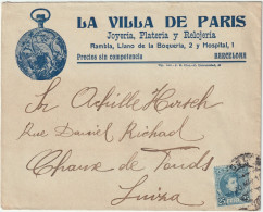 ESPAGNE/ESPAÑA 1910 Ed.248 En Sobre Con Membrete “LA VILLA DE PARIS" Ilustrado (reloj) De Barcelona à Suiza - Storia Postale