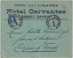 ESPAGNE/ESPAÑA 1910 Ed.248 En Sobre Con Membrete “Hotel Cervantes" De LINARES (Jaen) à Suiza - Storia Postale