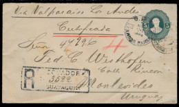 ECUADOR. 1894 (26 Nov). Guayaquil - Uruguay. Reg Multifkd 5c Green Stat Env + 3 Stamps Reverse + Arrival Cachet. Via Val - Equateur