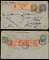 ECUADOR. 1896. Quito - Guatemala. Reg 10c Stat Env + 7 Adtls (6 On Reverse) Reg Label + Arrival Violet Cachet Alongside. - Equateur