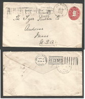 CUBA - Stationery. 1905 (29 Aug) Jaruco - USA, Andover, Mass (25 Sept). Sobre Entero Postal 2c Rojo, Mat Fechador. MB. - Andere & Zonder Classificatie