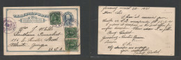 COSTA RICA. 1921 (23 March) Jimenez - USA, Atlantic, GA. 2c Green Stat Card + 3 Adtls, Tied Cds. Via Limon. Great Origin - Costa Rica