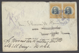 COSTA RICA. 1909 (29 Dec). San Mateo - USA, Millbury (14 Jan). Fkd Env 5c Yellow Green Pair Central Blue Ds. Via San Jos - Costa Rica