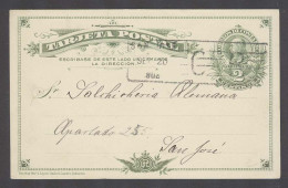 COSTA RICA. 1908 (20 Sept). Sabanilla - San Jose. 2cts Green Stat Card Card. Fine Used. - Costa Rica