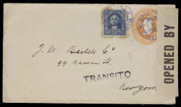 COSTA RICA. 1918. Cartago - USA / NY. 5c Orange Stat Env + 10c Adtl + Censored Label + Transito. S Jose Cds + Stline. Fi - Costa Rica