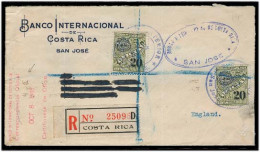 COSTA RICA. 1935. San Jose - UK. Reg Fkd Env / Official 20c (x2) Stamps / Lilac Cachets + "de Oficio / Certifiquese" Red - Costa Rica