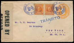 COSTA RICA. 1919. Punta Arenas - USA. 5c Stat Env + Adtl / Censored + "transito" Mark. VF. - Costa Rica