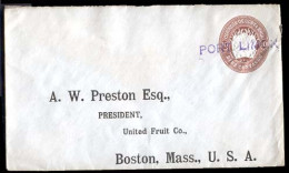 COSTA RICA. C.1910. Port Limon To USA / Boston. 10c. Brown Stat Env.with Violet Straightline Cachet "PORT LIMON" (xxx /  - Costa Rica