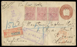 COSTA RICA. 1900. S. Jose - UK. Registered 10c Stat Env + 5c (x3) Adtl, Strip Of Three. Proper Transits. Scarce Exhibiti - Costa Rica