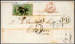 E-ISABEL II. 1864 (30 Oct) 65 (2). Zaragoza A Oloron / Francia. Carta Franqueada Con 2 Sellos De 12c. Verde Con Importan - Autres & Non Classés