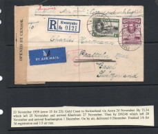 GOLD COAST - 1939-  REGISTED COVER KWANYAKU T0 SWITZERLAND CENSORED  WITH BACKSTAMP - Gold Coast (...-1957)