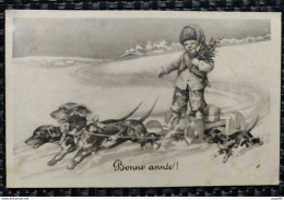 Illustrateur - Carte Bonne Année - Carte Viennoise, Dessin Au Crayon, De Karl Feiertag [enfant Luge Chiens] (B. K. W. I. - Feiertag, Karl