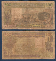 500 Francs CFA, 1990 A, Côte D' Ivoire, S.21, A 504648, Oberthur, P#_06, Banque Centrale États De L'Afrique De L'Ouest - West African States