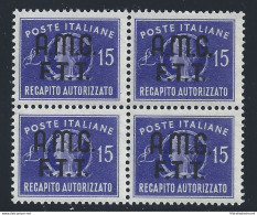1949 TRIESTE A - Recapito Autorizzato 15 Lire Violetto N° 3 MNH/** QUARTINA DI - Autres & Non Classés