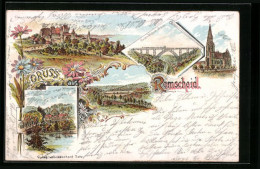 Lithographie Remscheid, Schloss Burg, Kaiser Wilhelm-Brücke, Luther-Kirche  - Remscheid