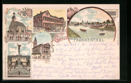 Lithographie Frankenthal, Kathol. Kirche, St. Elisabeth-Hospital, Rhein-Kanal  - Frankenthal