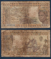 1000 Francs CFA, 1988 A, Côte D' Ivoire, A.019, A 378719, Oberthur, P#_07, Banque Centrale États De L'Afrique De L'Ouest - Stati Dell'Africa Occidentale