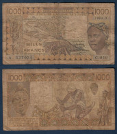 1000 Francs CFA, 1988 A, Côte D' Ivoire, C.019, A 537034, Oberthur, P#_07, Banque Centrale États De L'Afrique De L'Ouest - West African States