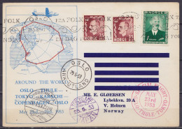 Norvège - CP "Around The World" Affr. 1,70kr Flam. OSLO /23.5.1953 Pour HOLMEN (Oslo) Via Thule, Tokyo, Copenhagen - Cac - Storia Postale