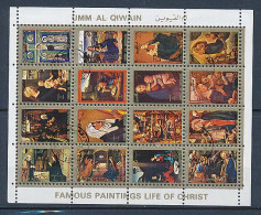 Planche Feuillet De 16 Mini Timbres Oblitérés Différents UMM AL QIWAIN XIII-12 Famous Paintings Life Of Christ (1) - Religieux