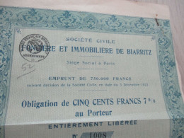 Action 500 Francs Société Civile Foncière Et Immobilière De Biarritz - Sonstige & Ohne Zuordnung