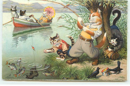 N°22544 - Fantaisie - Chats Habillés - Une Partie De Pêche, D'autres Se Promenant Dans Une Barque - Bouledogue Français - Dressed Animals