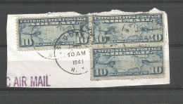 USA Airmail Map & Mail Planes C.10 Blue SC.# C7 X 3pcs On Large Piece Brooklyn 21jan1941 - Sammlungen