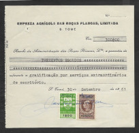 Portugal Sao Tome Et Principe Timbre Fiscal 1961 Reçu Plantation Cacao Et Café Receipt W/ Revenue Stamp Cocoa And Coffee - Briefe U. Dokumente