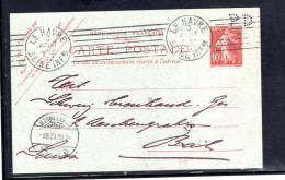 1912 ,carte Entier 10 C.  Semeuse, ,Perfin " PD " , De  " LE HAVRE " Pour La Suisse ,rare! #1551 - Briefe U. Dokumente