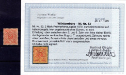 Württemberg 52 Ungummiert * MH BPP BEFUND 1000EUR (T7838 - Altri & Non Classificati