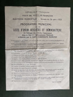 PROGRAMME MUNICIPAL DE LA LISTE D'UNION OUVRIERE ET DEMOCRATIQUE VITRY LE FRANCOIS (51) ELECTIONS 26 AVRIL 1953 - Programmes