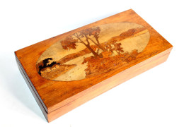 MAGNIFIQUE GRAND COFFRET BOITE MARQUETÉ BOIS SCULPTÉ FAIT MAIN PAYSAGE 28x14x5,5cm / ART DECORATIF ANTIQUE (0603.13b) - Koffer