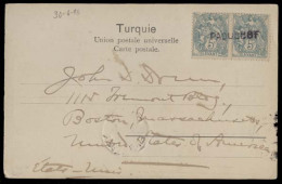 FRENCH LEVANT. 1907 (4 Sept). Smyrna - USA. Card Fkd 5c Levant Pair, Central Pqbt (xxx). VF Item. - Autres & Non Classés