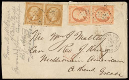 FRENCH LEVANT. 1860 (25 Jan). Constantinople - Athens / Greece. Env Frkd France 10c + 40c Pairs, Tied "3707" Romboid Dot - Sonstige & Ohne Zuordnung