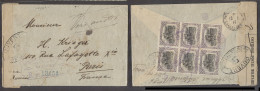 GUATEMALA. 1917 (21 Ago). GPO - France, Paris (12 Sept). Reg Reverse Multifkd Censored WW I Env Bearing 75c Block Of Six - Guatemala