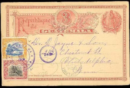 GUATEMALA. 1905. Guatemala To USA. 3 C. Red Stat Card + 2 Adtls. Nice Usage. - Guatemala