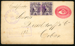 GUATEMALA. 1893(June 20th). 10c Red Postal Stationery Envelope, Registered Usage To Coban, Up-rated With Pair Of Type II - Guatemala