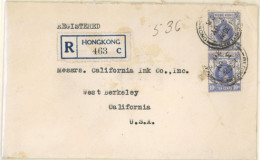 HONG KONG. 1926. Hong Kong To USA. Registered Frkd Pair 10cts Blue Env. F-VF. - Other & Unclassified